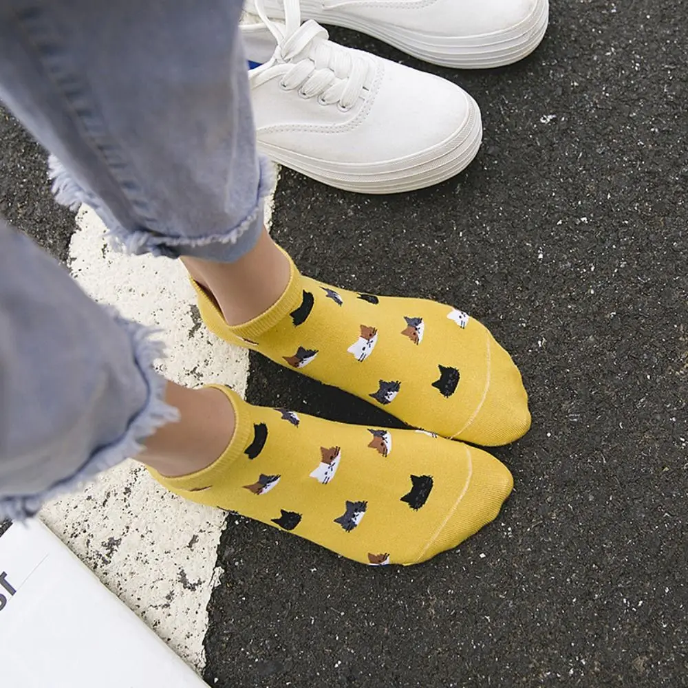 

5 Pairs Set Cute Cat Pattern Women Short Socks Comfort Absorb Sweat Cotton Socks Colorful Breathable Boat Socks Spring Season