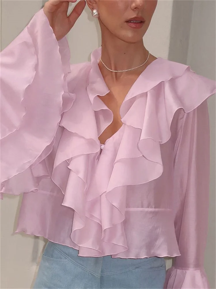 

Pink Ruffled Summer Shirts Top For Women Patchwork V-Neck Long Sleeve Loose Casual Cardigan Coat Female Blouses Top