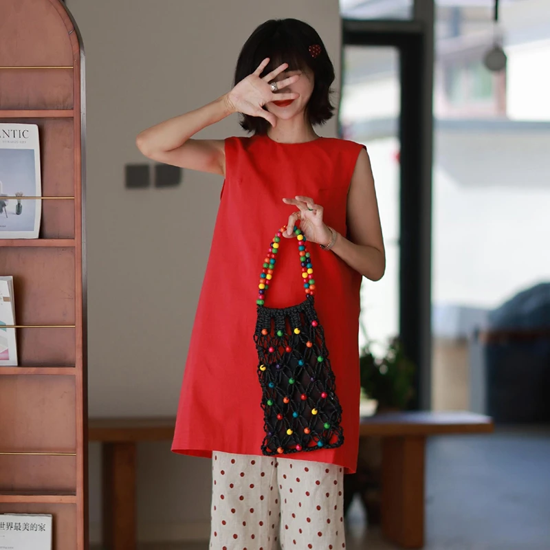 Arts Style 2025 New Arrival Summer Tops Tees Loose Casual O-neck Sleeveless Good Quality Cotton Linen Women Long T-shirt T237