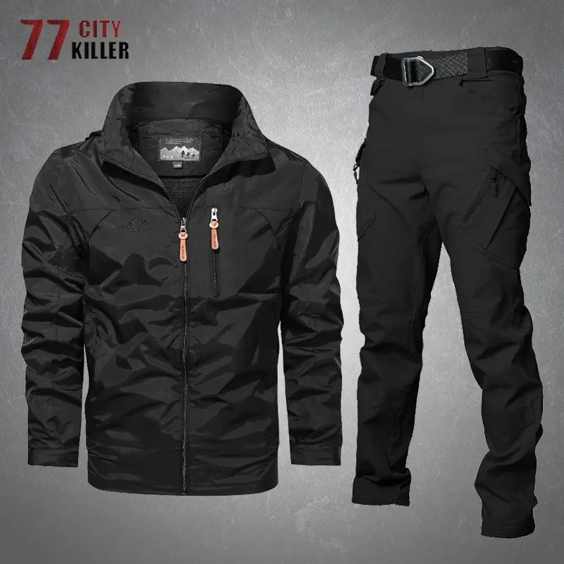 Tactical Hooded Jackets Military Pants Sets Men Outdoor Windproof Waterproof Breathable Climbing Fishing Casual Loose Suits Male