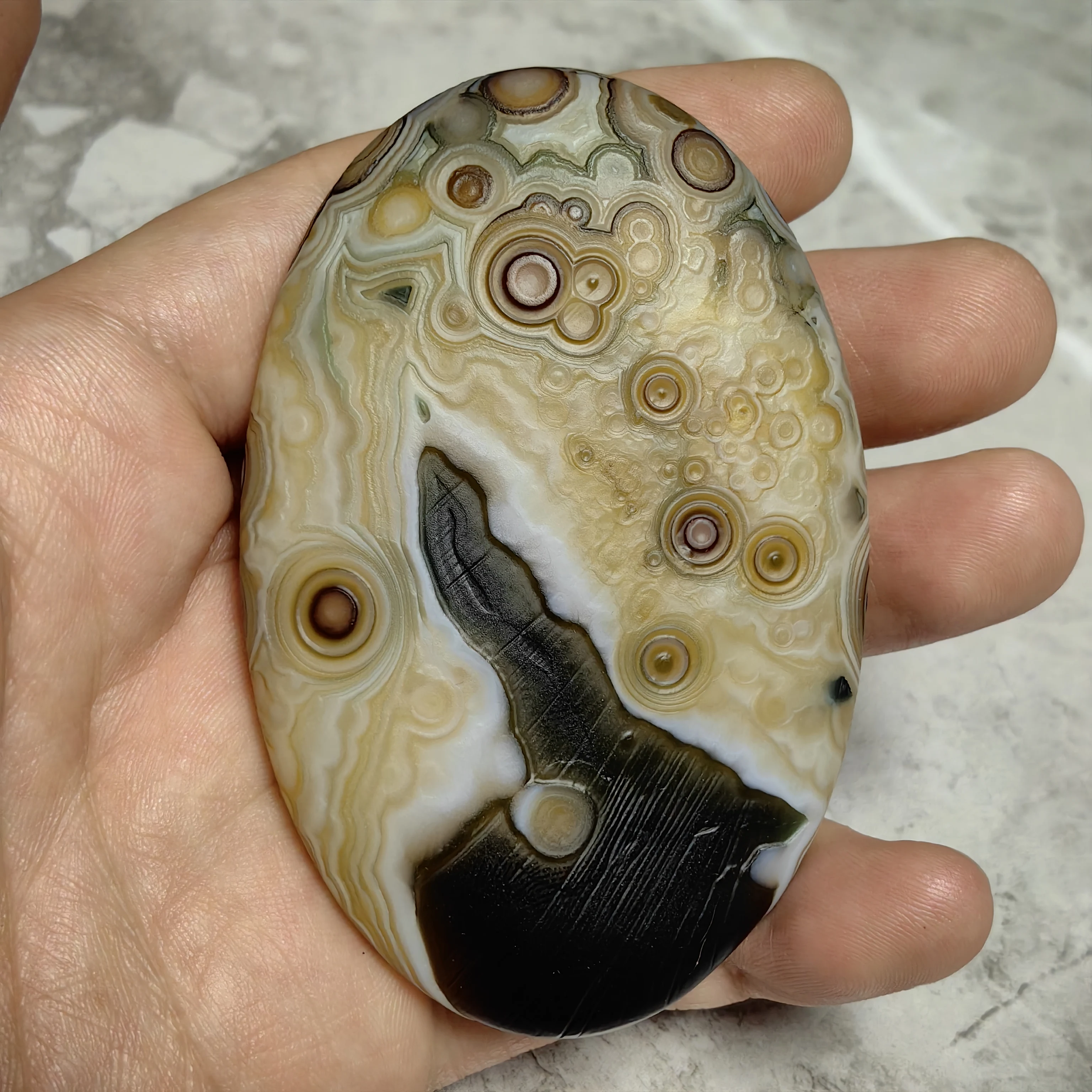 Exotic Gobi Agate with Multiple Eye Spots Rich Color Layers, Lucky Charm for Wealth and Fortune Unique Rock for Prayer - view 3