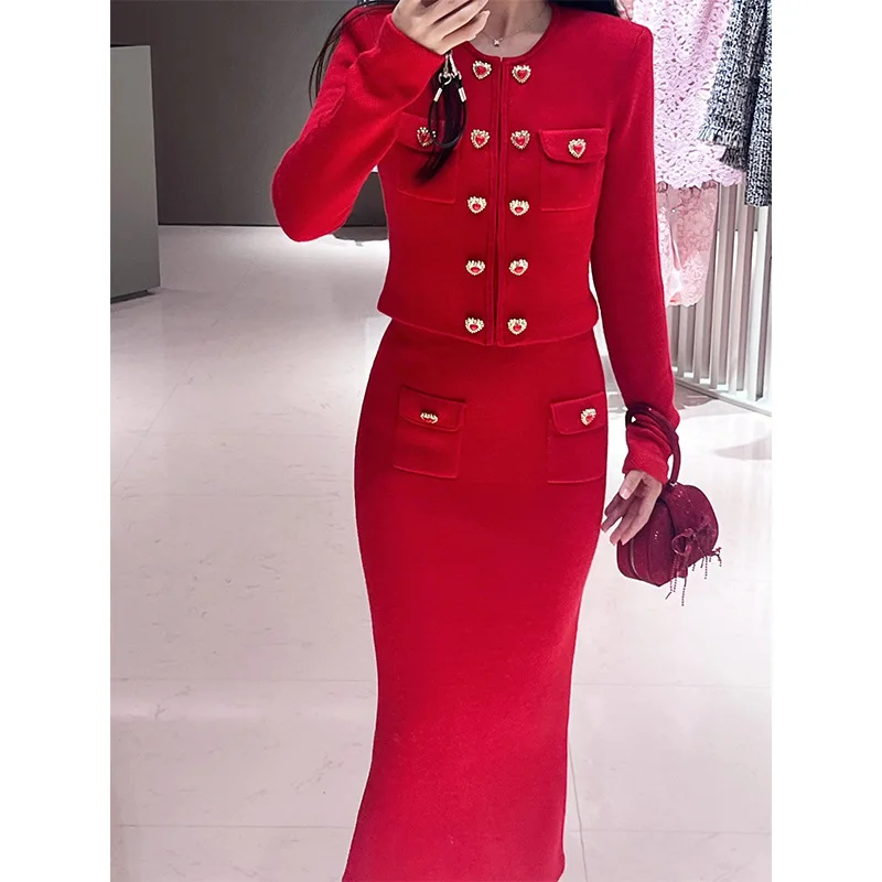 Luxury 2025 Spring Autumn Sweater Long Dress Knitted Two Piece Set Women\'s Heart Button Full Sleeve Cardigan Pencil Skirts Suit