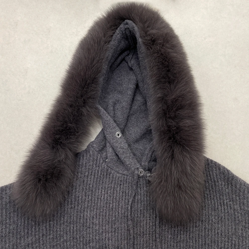 FURYOURSELF 2025 ฤดูใบไม้ร่วงฤดูหนาวยุโรปสไตล์อเมริกันกลางความยาวแฟชั่นHoodedชุดFox Furคอขนสัตว์ถักเสื้อกันหนาว