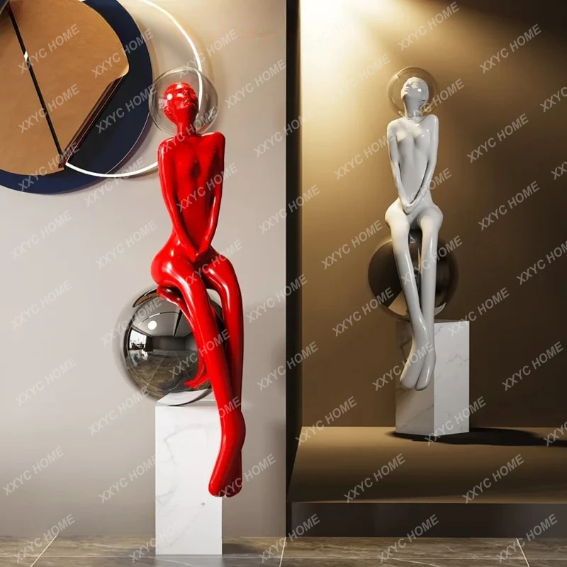 LModern Girl Art Sculpture Floor-to-ceiling Ornament Hotel Lobby Sales Office Creative Sitting Statue