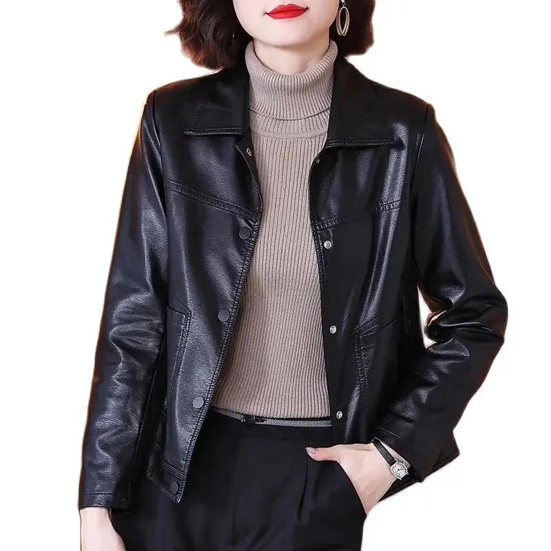 Autumn Winter Black PU Leather Coat Women Korean Fasgion Motorcycle Jacket High End Casual All-Match Faux Leather Overcoat 5XL