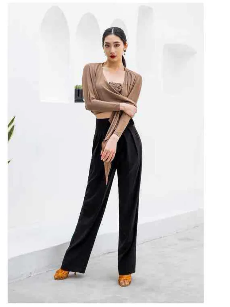 Solid Color Latin Dance Practice Line Pants Women Waltz Costume Jazz High Waist Competition Stage Classical Wide Leg Trousers