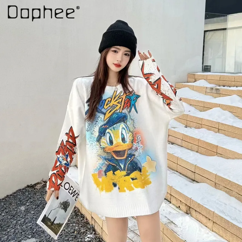 

European Fashion Brand Swearter 2025 Autumn Winter New Rhinestone Heavy Cartoon Crew Neck Loose Sweater Women's Top