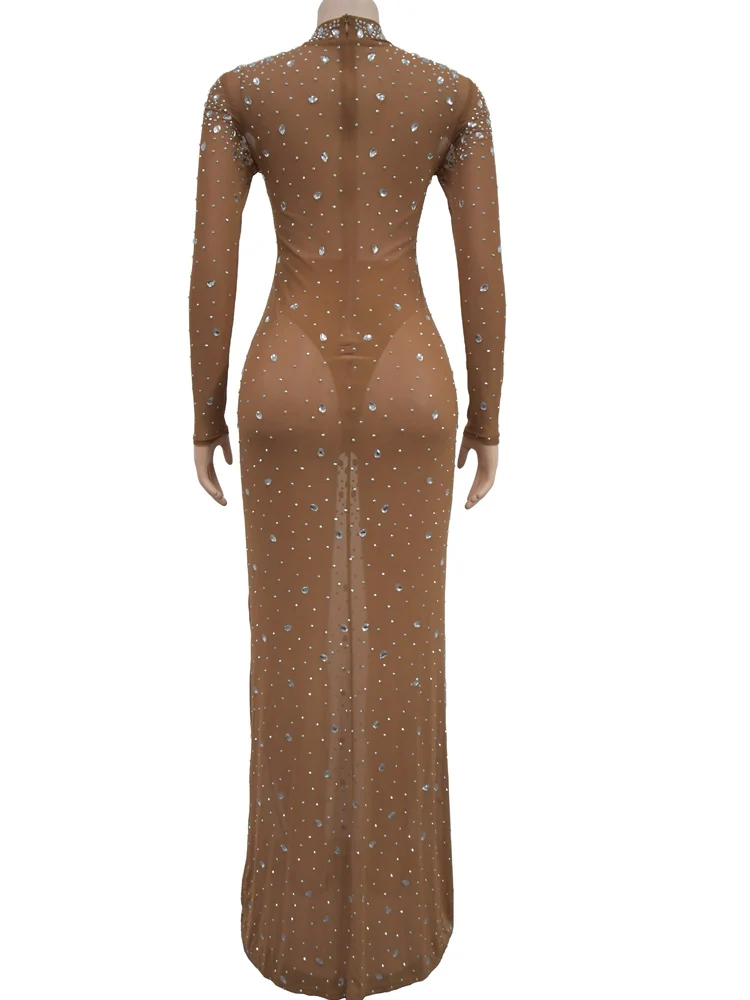 Beyprern Beautiful Brown Cut-Out Long Sleeve Crystal Mesh Sheer Evening Dress Glam See-Through Diamonds Party Dresses Outfits