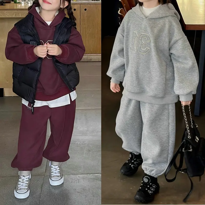 Girls' Suit Hooded Embroidered Letters Velvet Padded Thickened Sweater plus Pants2025New Winter Fashion Foreign Trade Children's