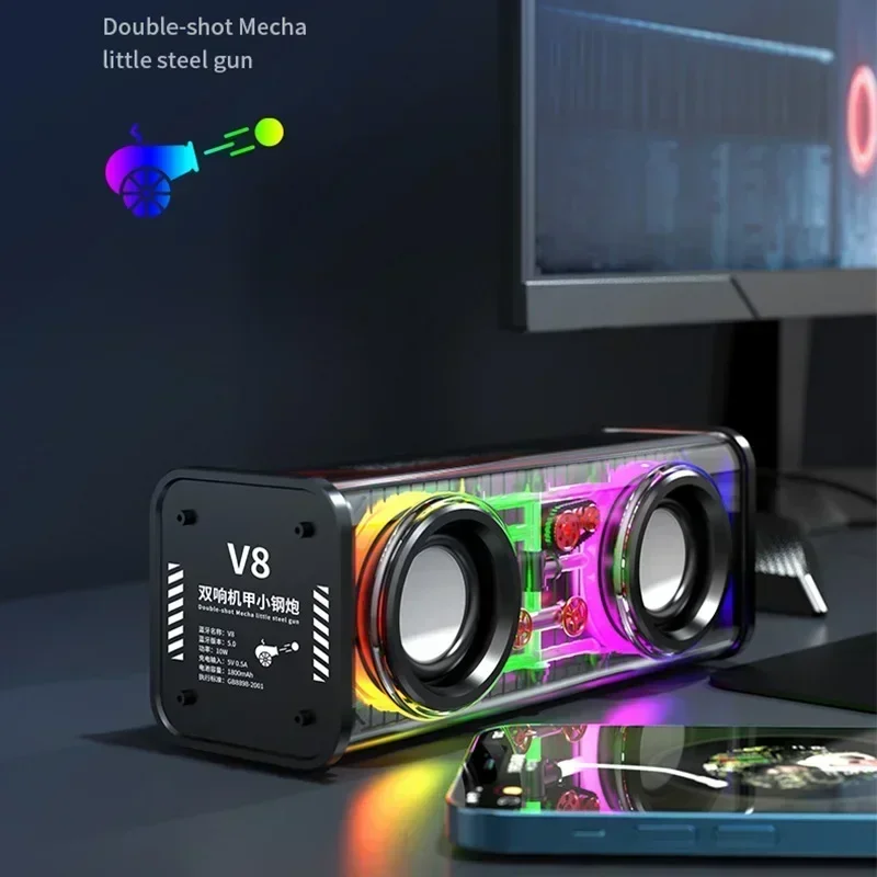 Mini Festa Baixo Diafragma Subwoofer, Alto-falante Sem Fio, Novo V8 Transparente Mecha Música Alto-falantes, Bluetooth TWS RGB Luz, 5.0