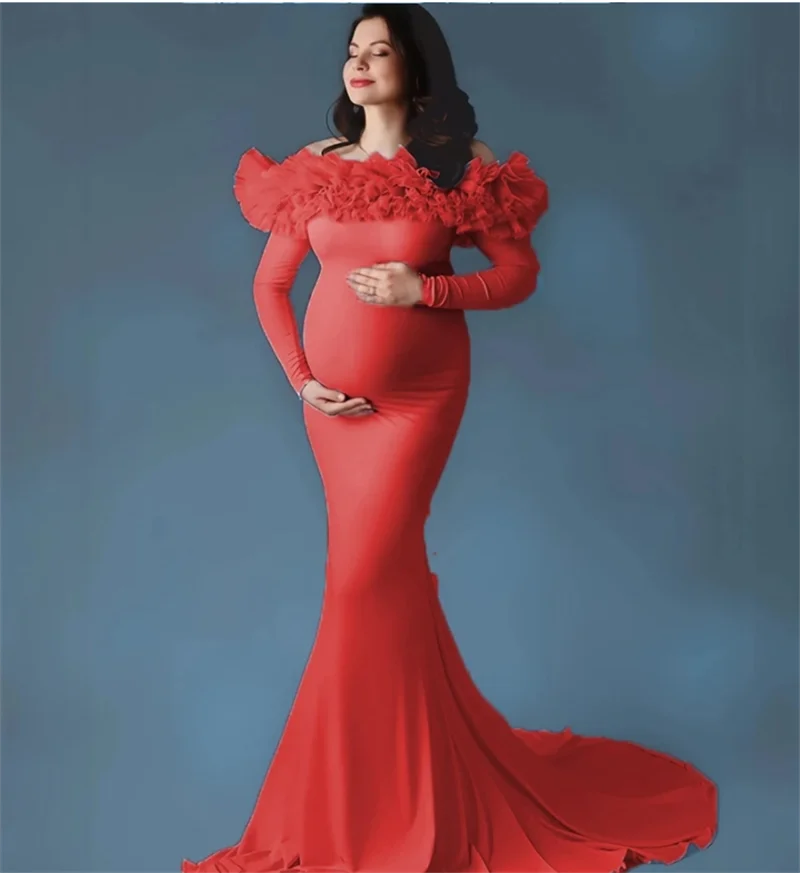 Light Blue Pregnant Women Prom Dress Off Shoulder Full Sleeves Ruffles Maternity Bridal Robe Party Evening Gown Customized