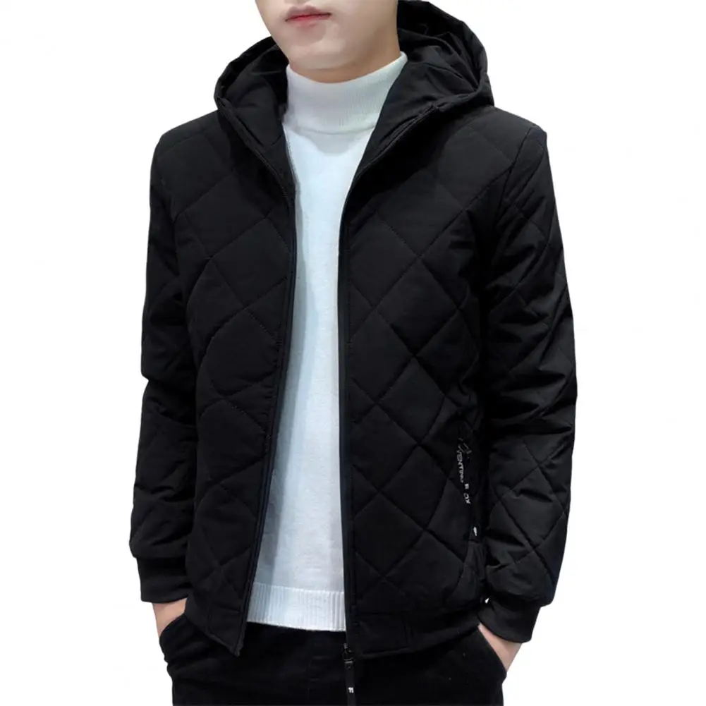 Windproof Coat Men\'s Cotton Quilted Jacket With Hood Zipper Placket Long Sleeve Solid Color Outwear With Elastic Hem For Winter