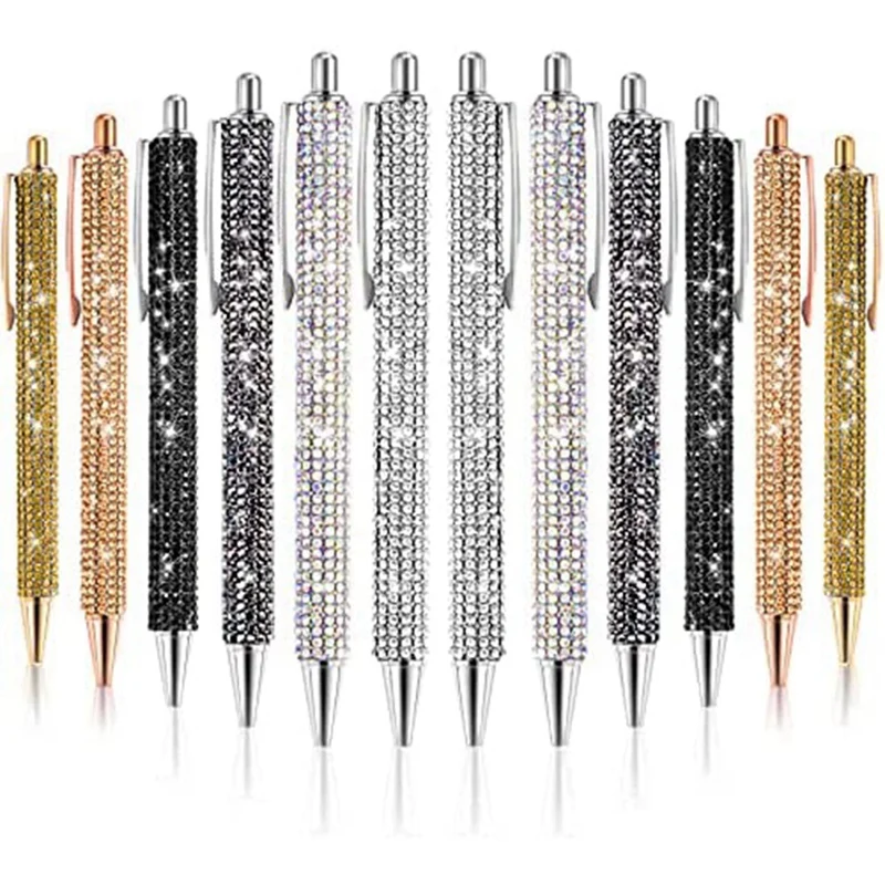 

12 PCS Bling Pen Bulk Metal Ballpoint Pen Diamond Pen Crystal Press Retractable Black Ink 0.7Mm Ballpoint Pen