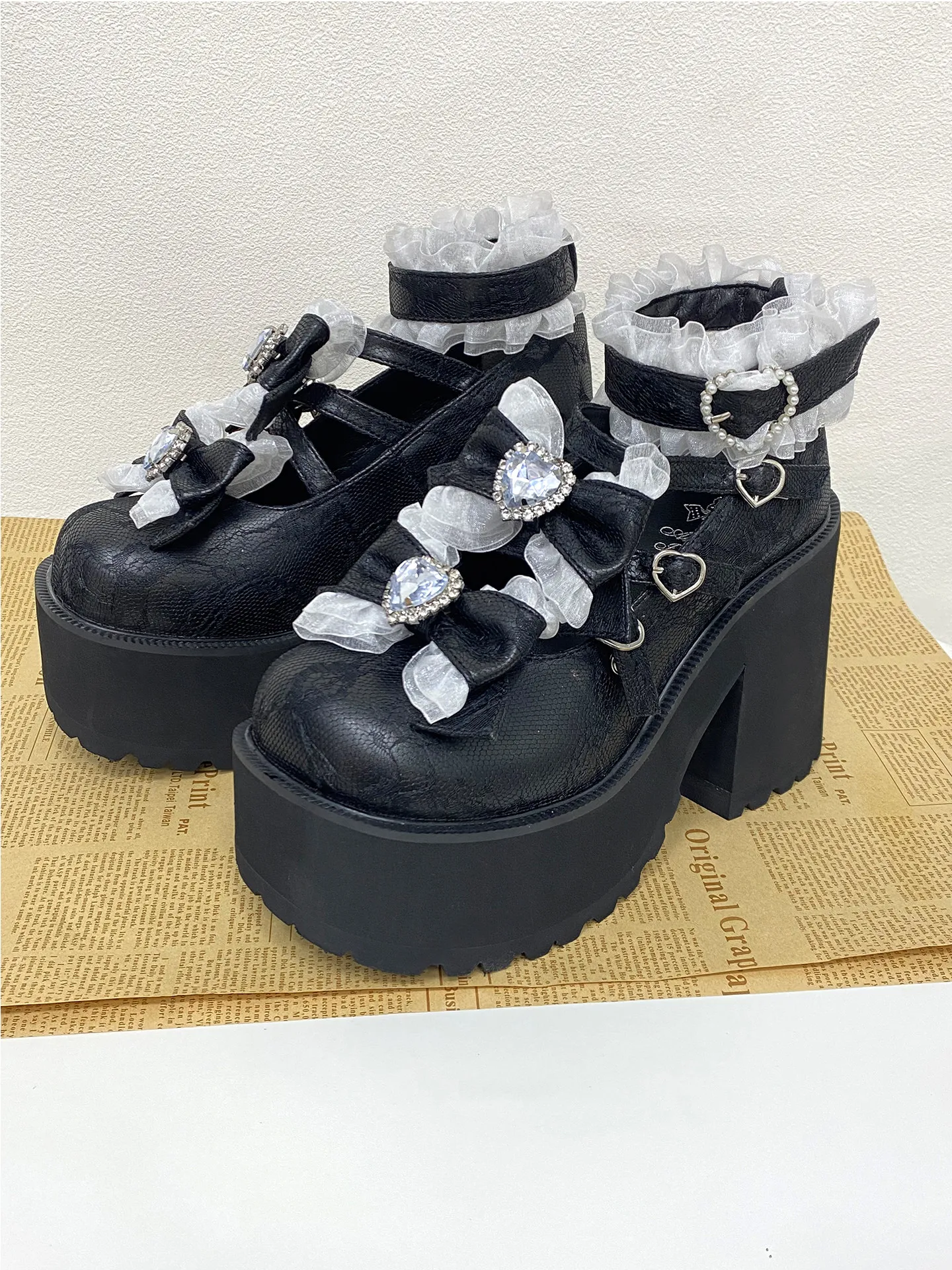 Sweet Lolita Platform Shoes Women Round Toe Super High Block Heel Bow Rhinestone Lace Ruffle Ankle Strap Cosplay Gothic Pumps
