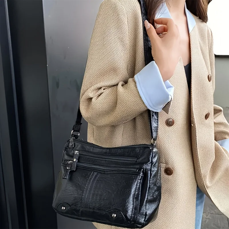 Ins Hot Retro Damen-Umhängetasche aus Leder mit Used-Look, Crossbody-Tasche mit mehreren Reißverschlusstaschen, trendige, geräumige, verstellbare Schultertasche – Detail 11