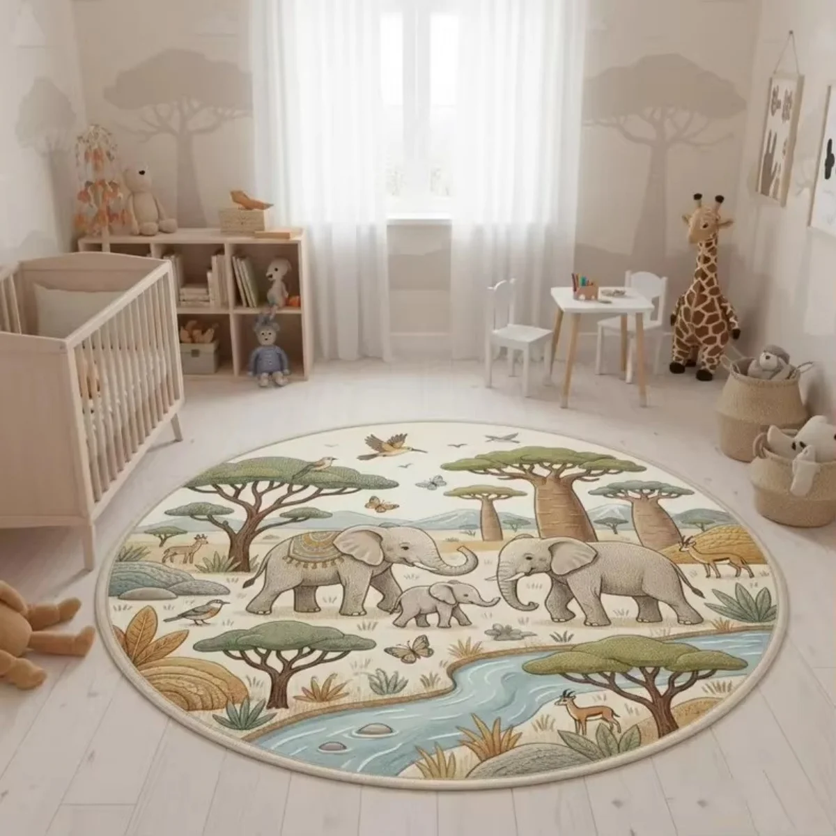 B16LYX Savanna Wildlife Round Area Rug Elephant Giraffe Animal Print Circle Floor Mat Nature Scenery Home Decor