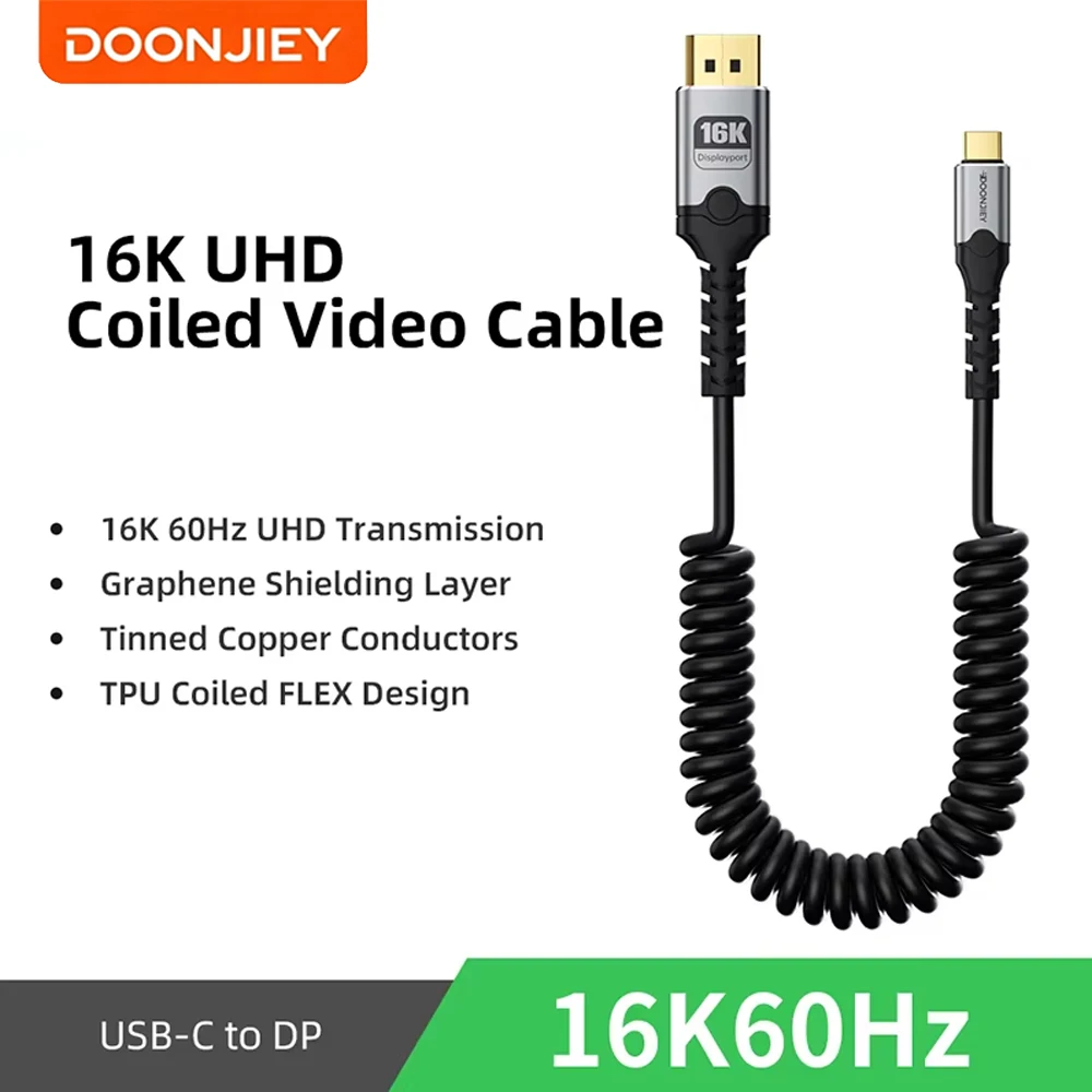 DOONJIEY USB C to DP 2.1 Cable 16K@60Hz Compatible Thunderbolt 3/4 Type C to DisplayPort  Portable Spring Cord for MacBook Air