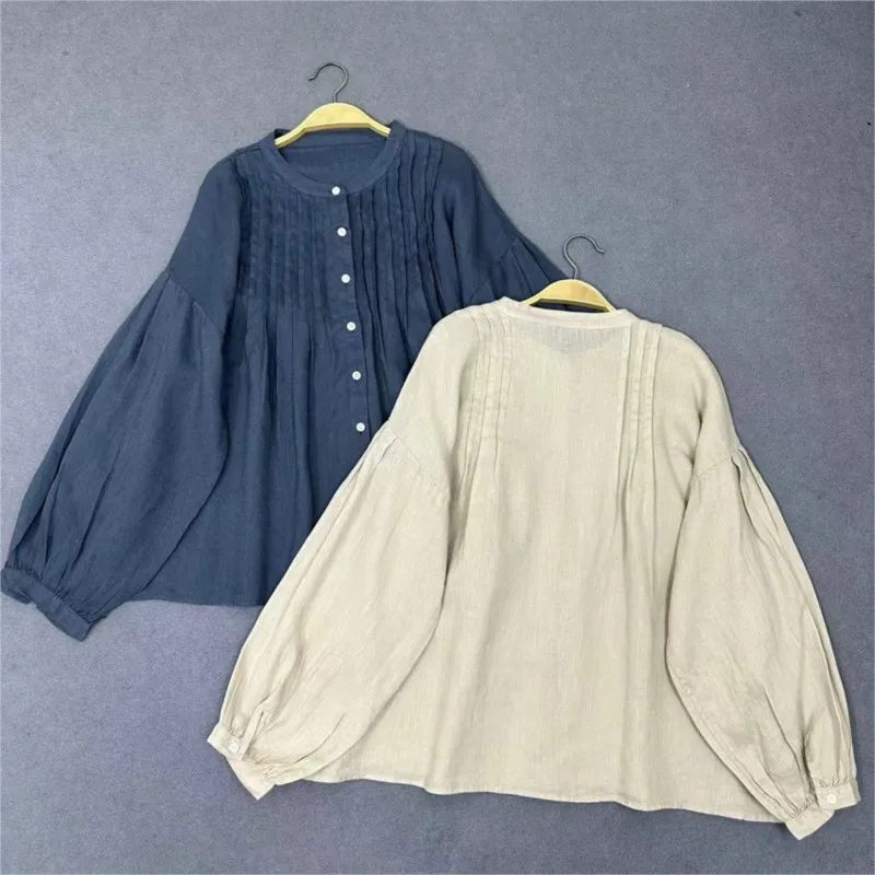 Johnature Fall 2024 New Women Crew Neck Japanese Linen Top Shirt Loose Cardigan Long Sleeve Vintage Casual Pleated Tops