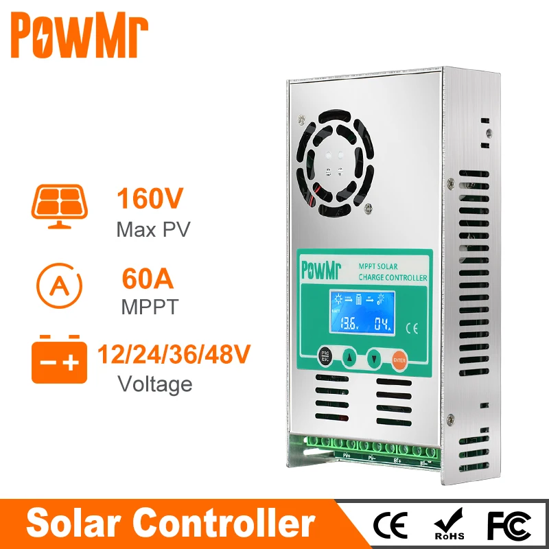 PowMr MPPT 60A Solar Charge Controller Solar Panels Regulator 12V 24V 36V 48V Auto Max PV 160VDC for Lead Acid Lithium Battery
