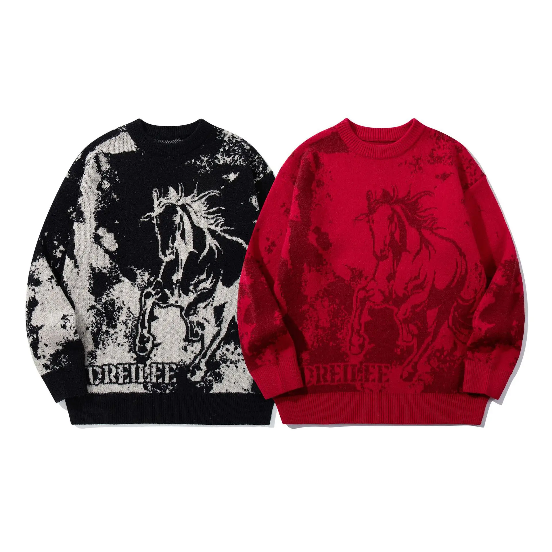 

Мужской вязаный свитер-рубашка с длинным рукавом и круглым вырезом, свободного кроя, универсальный, с узором «Год Лошади 2026», для пар, на Новый год 2026