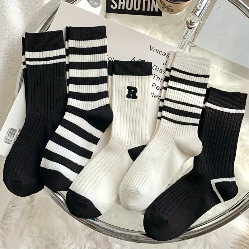 5 Pairs of Black and White Women's Mid-Calf Socks