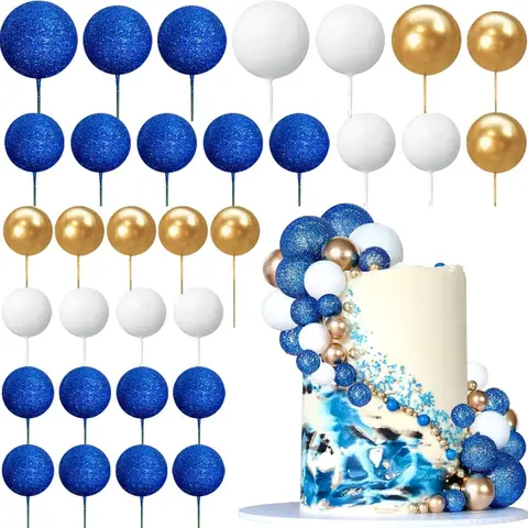 32pcs 반짝이 블루 볼 케이크 토퍼 오션 테마는 생일 파티 웨딩 장식을위한 다채로운 공 모양의 컵케익 삽입을 선택합니다