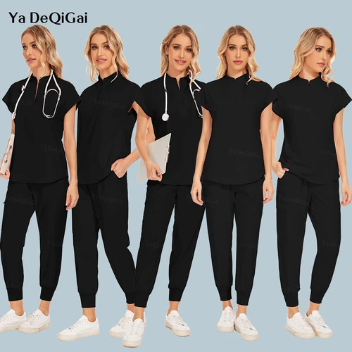 Ropa de trabajo negra, uniformes quirúrgicos, traje para correr, conjunto de batas de enfermera, ropa clínica médica, uniformes para médico y enfermería, pantalones superiores con bolsillos