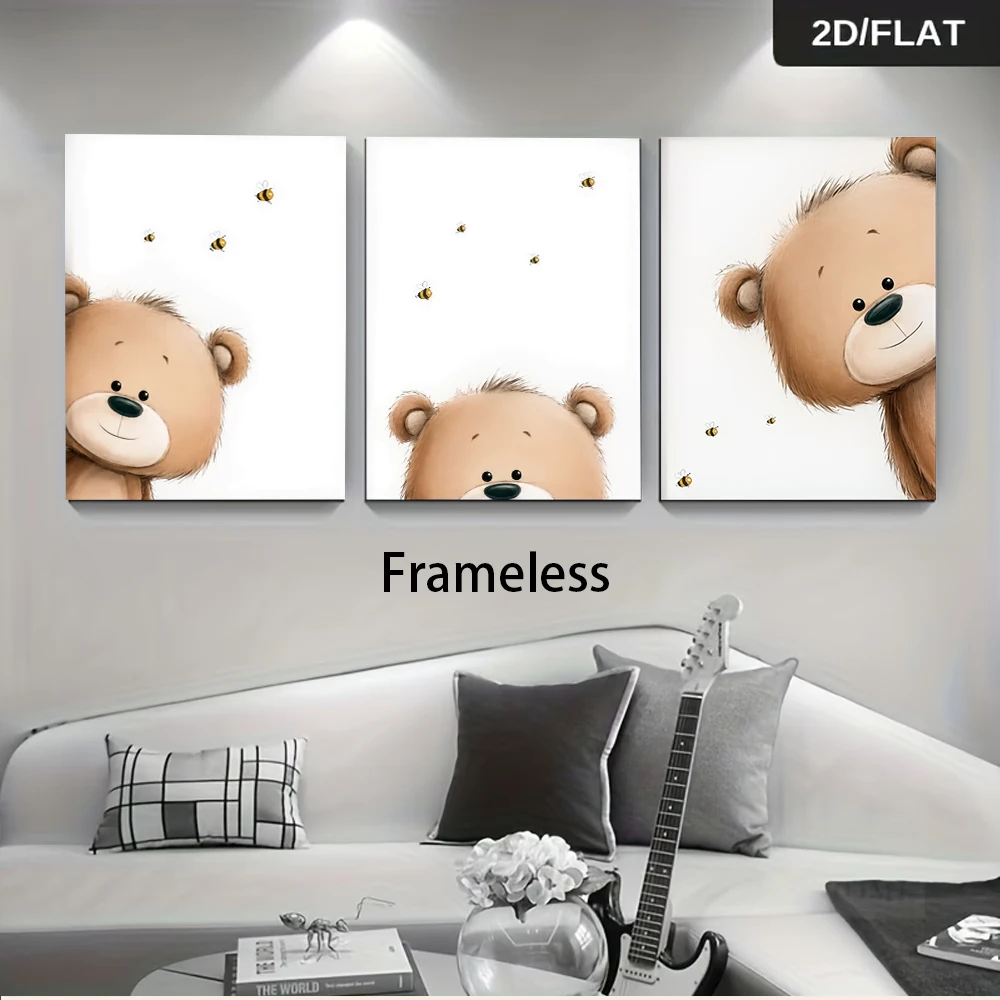1 set of cartoon teddy bear frameless decorative paintings with cute animal style triptych 2D plan