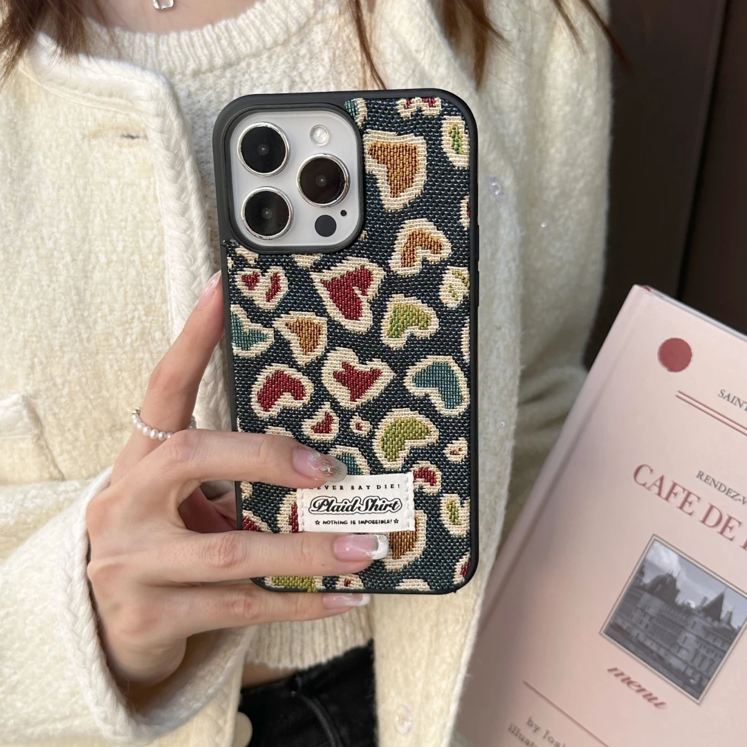 

Plush Embroidery Colourful Love Heart Case For iPhone 15 14 13 12Pro Max 15 Promax Lovely Winter Plush Shockproof Soft Cover