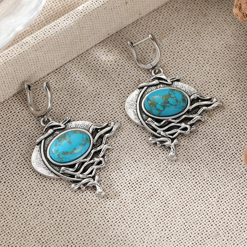 Literary Vintage Silver Plated Pendant Earrings Inlay Synthetic Turquoise Forest Style Earrings Women's Trend Jewelry