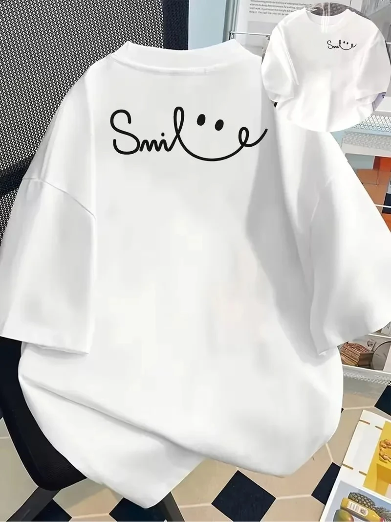 Colorful Smile Smiley Face Graphic T-Shirt, Casual Crew Neck Short Sleeve Top,Front & Back Print Happy Positive Slogan Tee
