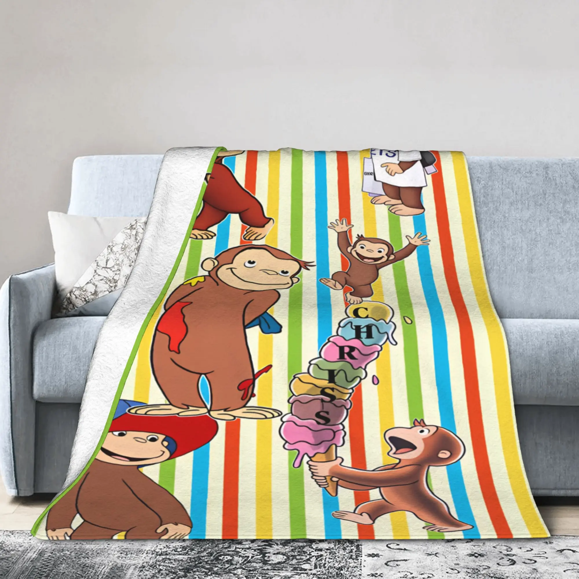 Curious George Colorful Stripe Ice Cream Soft Warm Blankets Travel Plush Throw Blanket Chair Flannel Bedspread Sofa Bed Cover