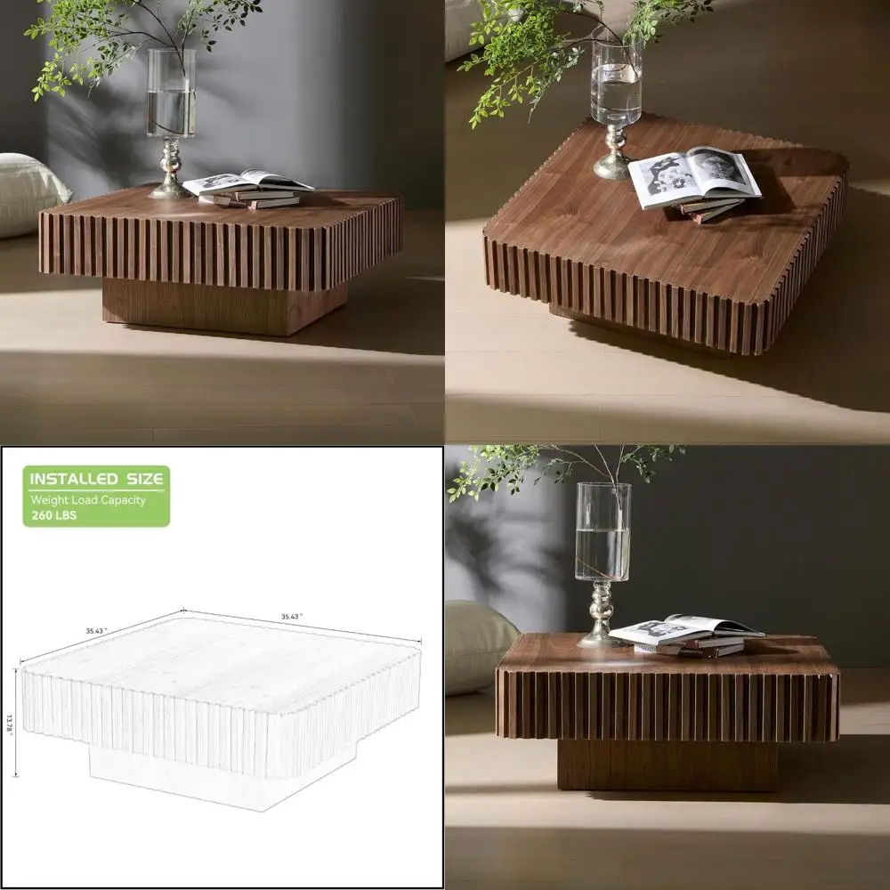 35-inch Mid-Century Modern Drum Coffee Table, Handcrafted Round Walnut Wood Center Table for Living Room and Home Office