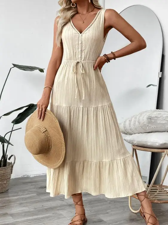 

Summer New Elegant Casual Ladylike Style Solid Simple Crochet Lace Splicing V-Neck Button Tied Waist A-Line Sleeveless Dress