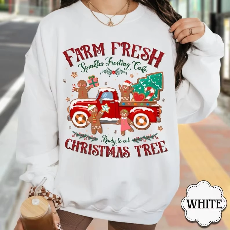 

Толстовка для рождественской елки на ферме, свежая, готовая к употреблению рождественская елка, сосна, ель, ель, рождественская одежда с пряничным узором