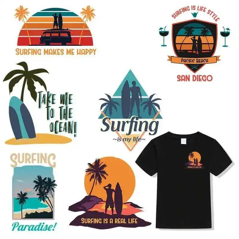 Verão praia paisagem remendos ferro na transferência para cenário de férias oceano prancha de surf adesivos térmicos adesivo de transferência de calor