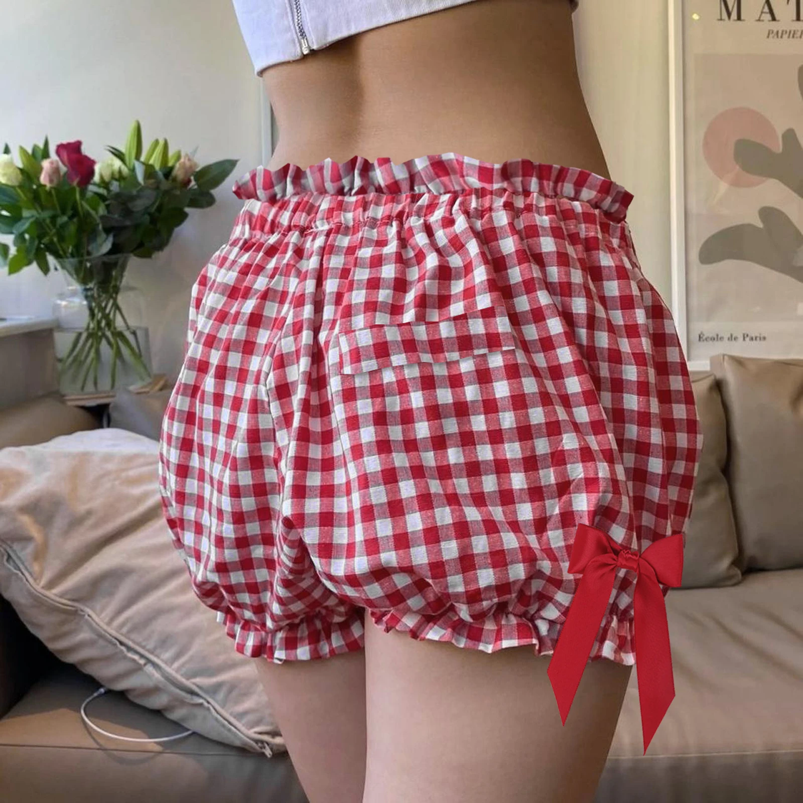 Lolita Bloomers Maid Ruffle Pumpkin Pants Shorts for Womens Teens Girls Frilly Trim Gingham Pj Shorts