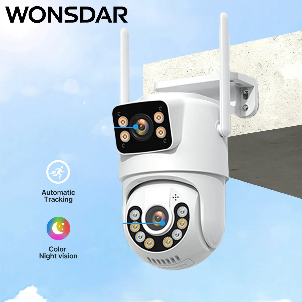 WONSDAR 8MP HD WiFi Camera Outdoor Auto Tracking Dual Screen Security Surveillance Rated IP66 Protection IP Camera Email Alarm