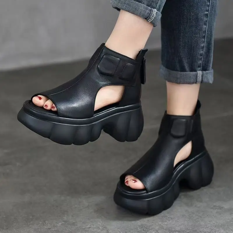 

Women Leather High Top Wedges Peep Toe Sandals Summer New Thick Sole Lightweight Breathable Casual Beach Sandals Ankle Cool Boot
