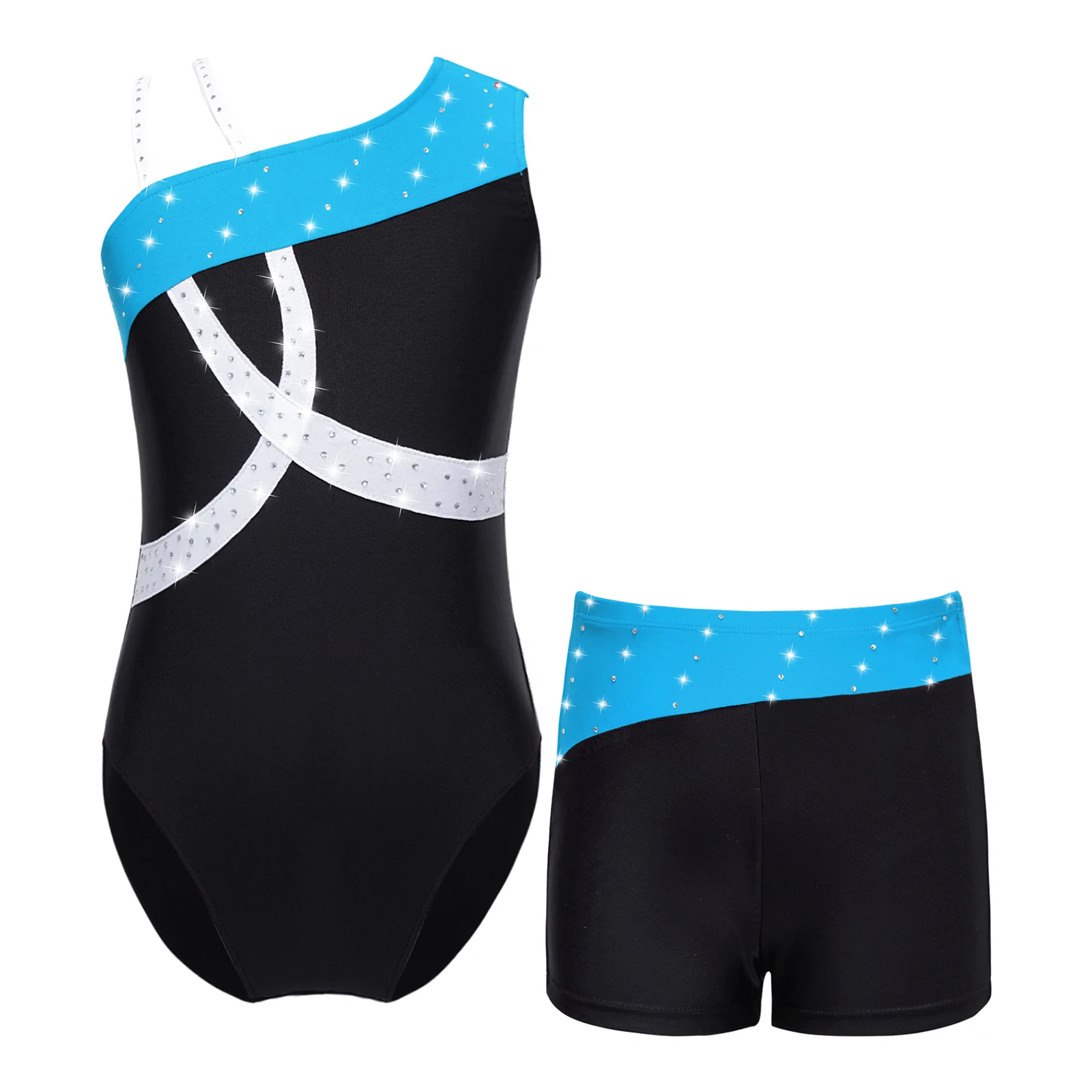 Kids Girls Rhinestone Tight Fitting Jumpsuit with Shorts Gymnastics Figure Skating Dance Costume Ballet Jersey Leotard Dancewear