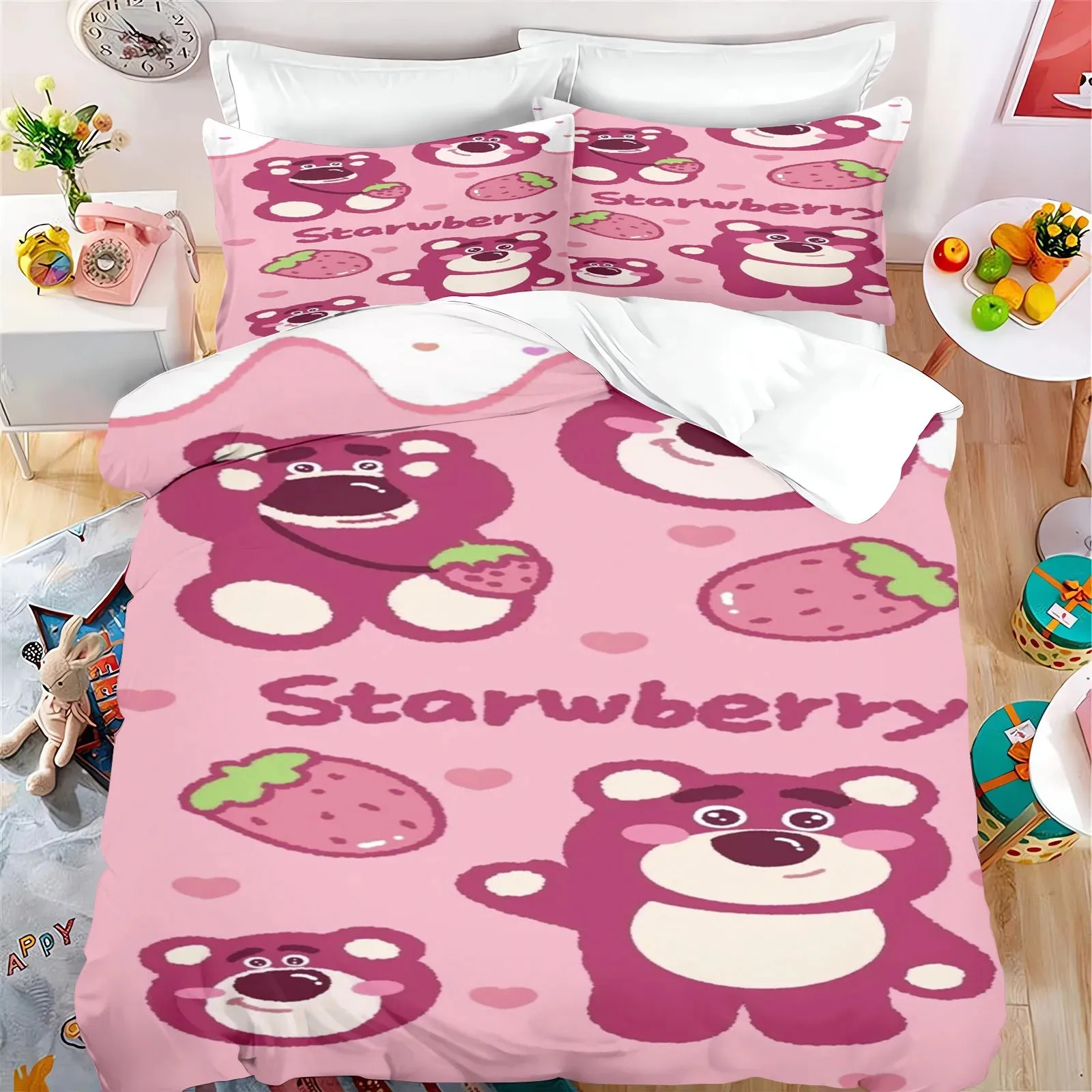 

Strawberry Bear Duvet Cover Pillowcase, Disney Boy Girl Bedding Set Home Room Bedroom Decor Kids Gift Queen Double Bed