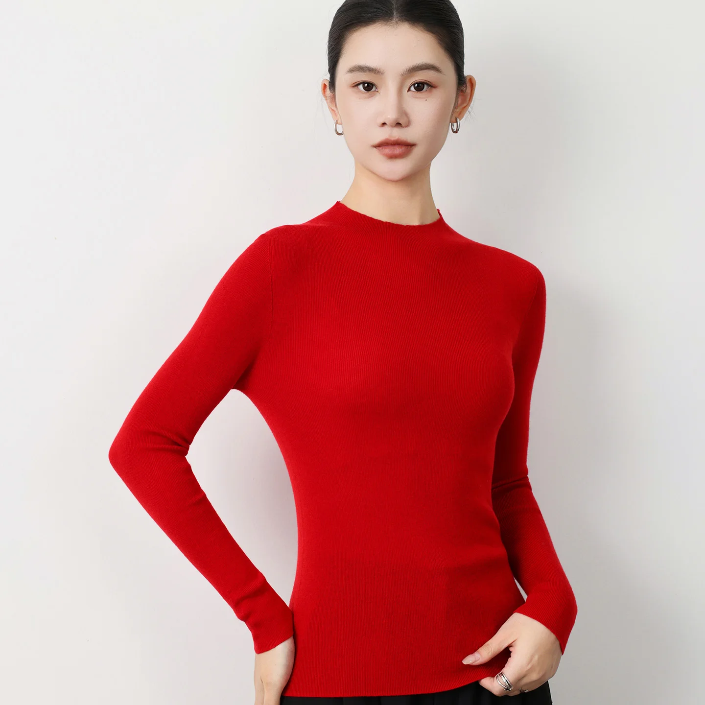 الكلاسيكية سلس الحرير الصوف مزيج البلوز المرأة الحياكة التخسيس نمط سترة نصف عالية الرقبة طويلة الأكمام بلوزات عالية الجودة #6