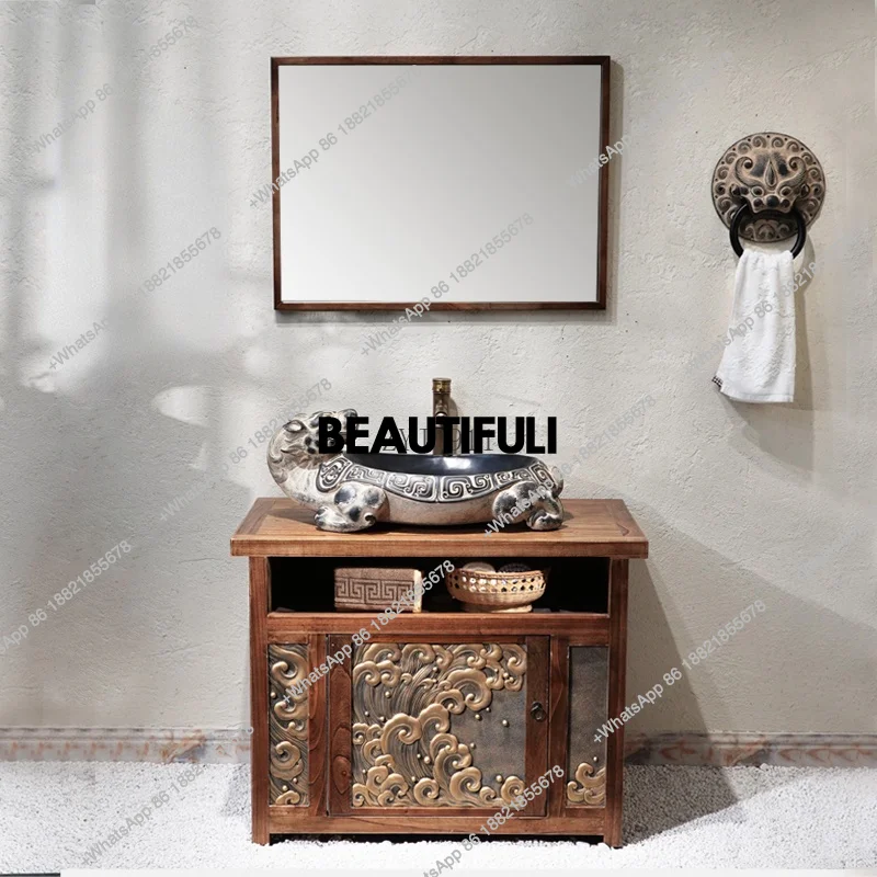 In Chinese Antique Bathroom Cabinet Combination Hotel Homestay Villa Table Basin Solid Wood Floor Cabinet Style Art Washbasin