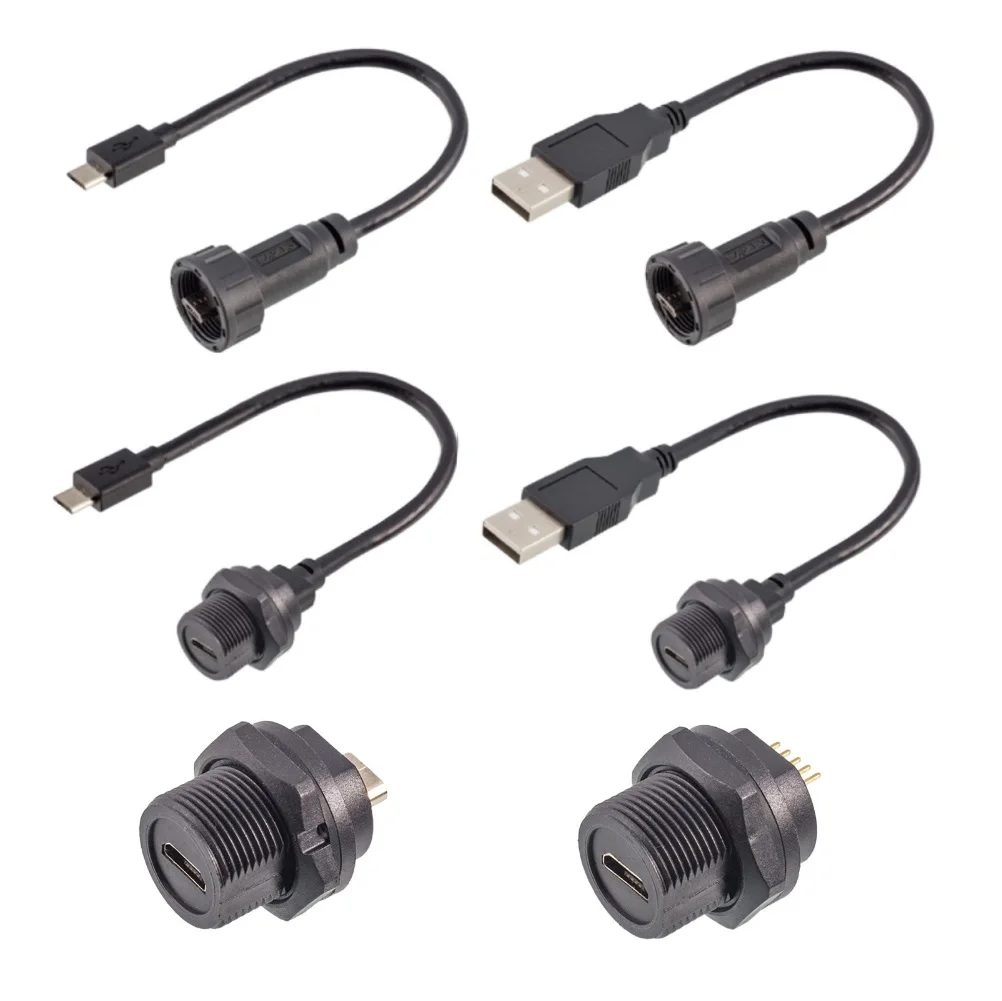 circular waterproof ip67 chassis panel screw wall mount micro usb usb2.0a connector module cable extender adapter coupler