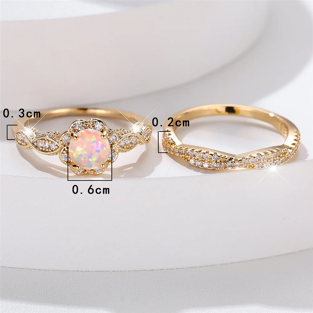 Crystal Female White Opal Round Stone Ring Set Fashion Vintage Gold Color Bridal Wedding Engagement Jewelry For Women