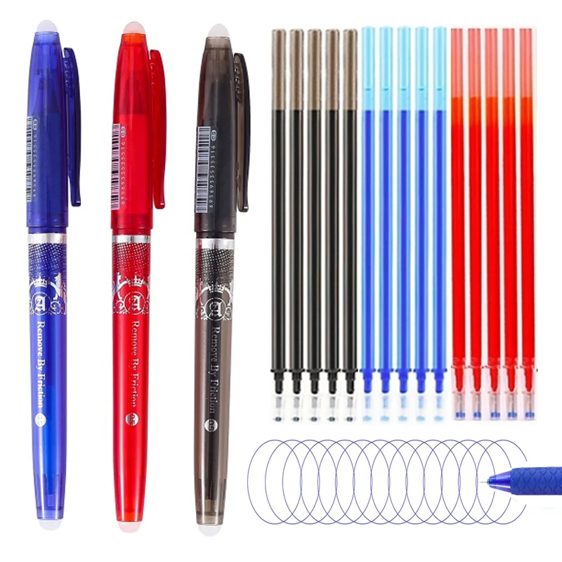 Creative 0.5mm Erasable Gel Pen Set with Double Headed Erasers Red Black Blue Magic Refills Washable Handle Office Stationery