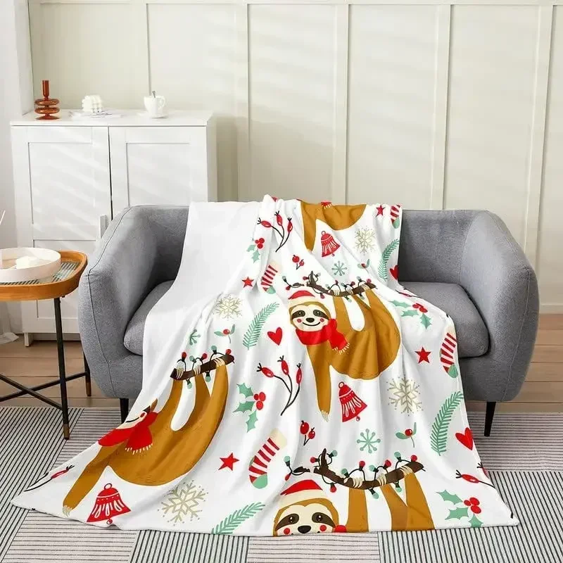 

Christmas Flannel Fleece Blanket with Cute Sloth Print Kawaii Animal Pattern Plush Throw Blanket for All Seasons Xmas Bed Blanke
