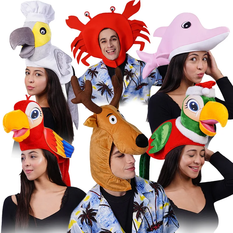 Divertente animale granchio delfino pappagallo uccello cappello per donna uomo adulto Halloween vestire accessori festa fornitura Festival Stage Wear