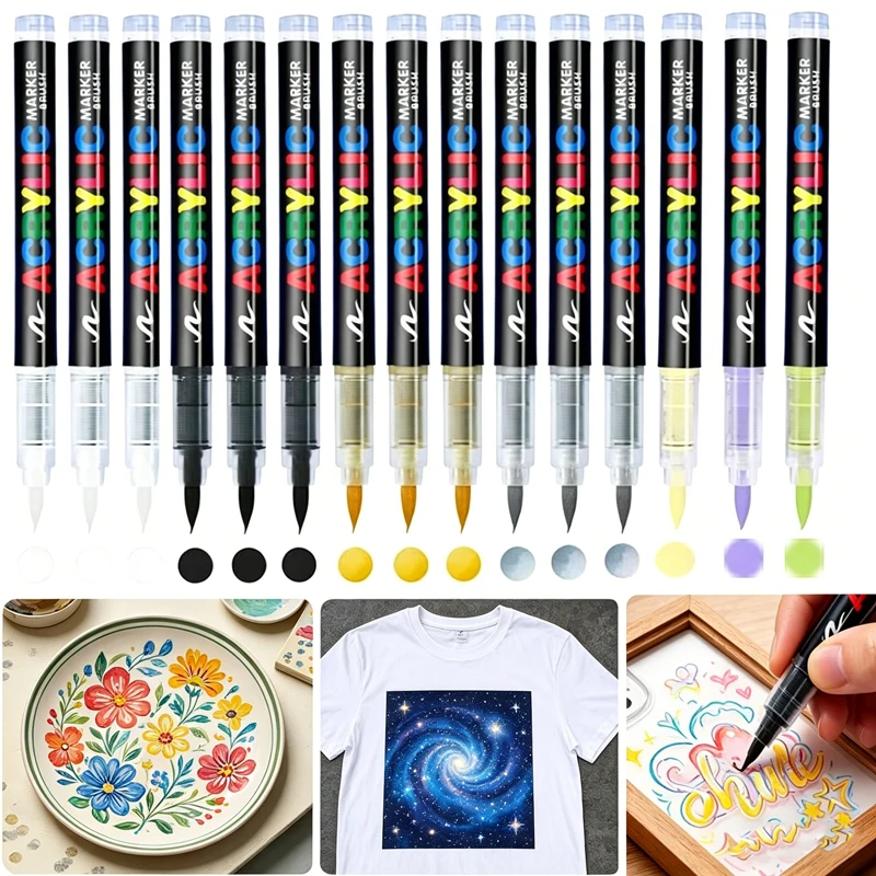 GuangNa 6/3Pcs Acrylic White Marker Brush Pens Gold Silver Paint Art Markers Set for Rock Painting Ceramic Tire Fabric Metal
