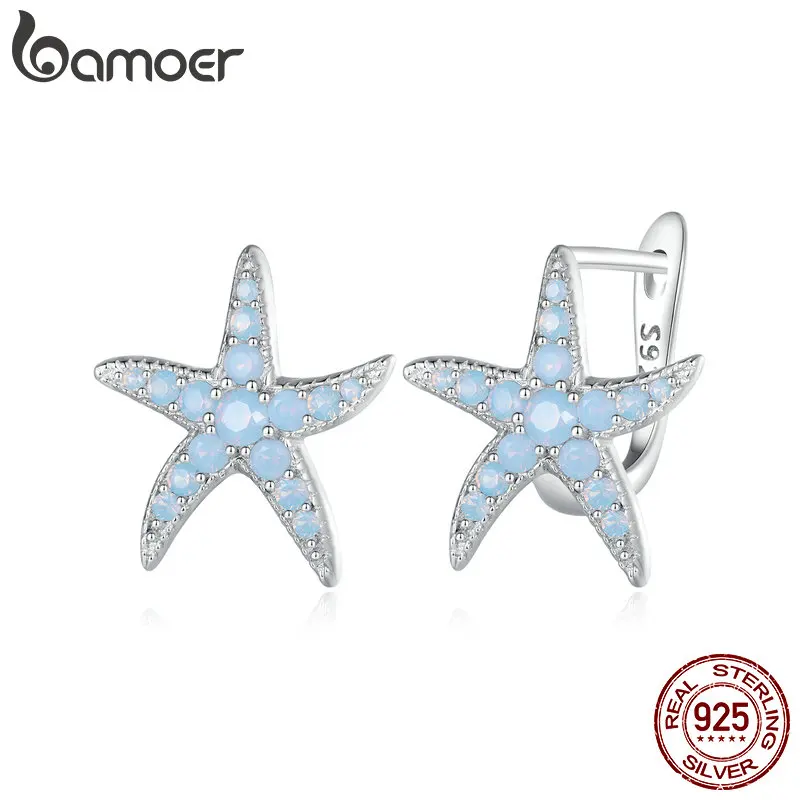 Bamoer 925 Sterling Silver Blue Opal Starfish Ear Buckles Delicate Sea Star Hoop Earrings for Women Fine Jewelry